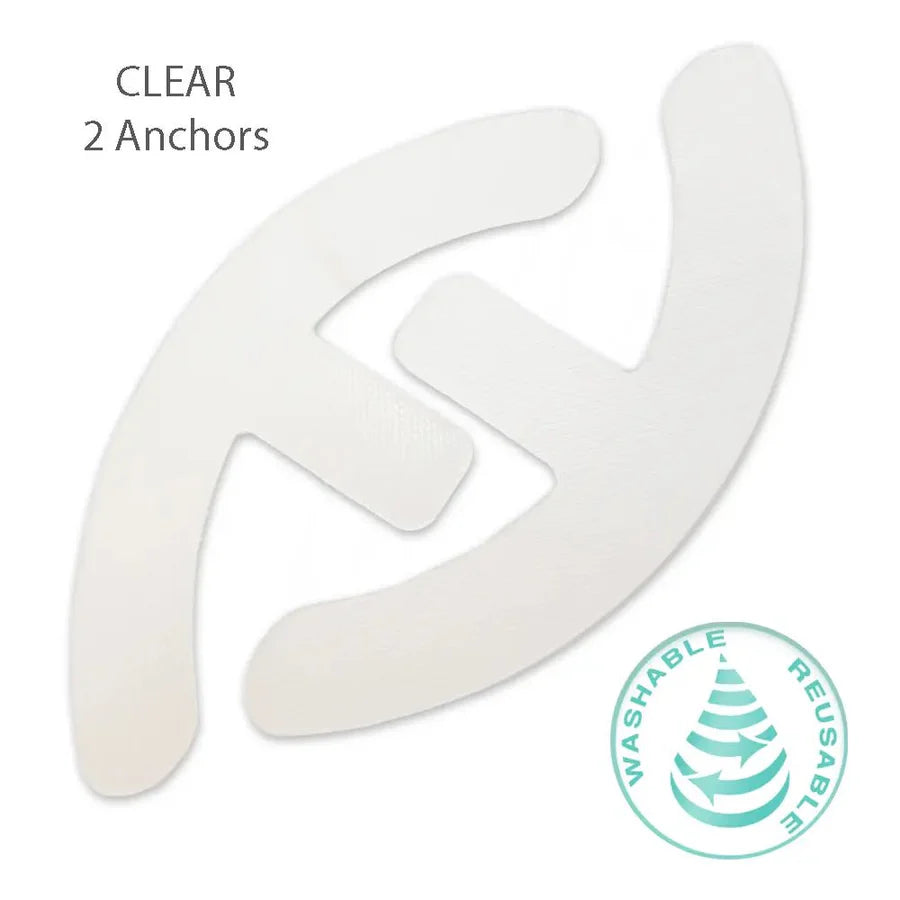 Silagen Anchor Strips Clear packaging, showing two silicone gel sheets with icons indicating the medical-grade strips are washable and reusable for scar care support.