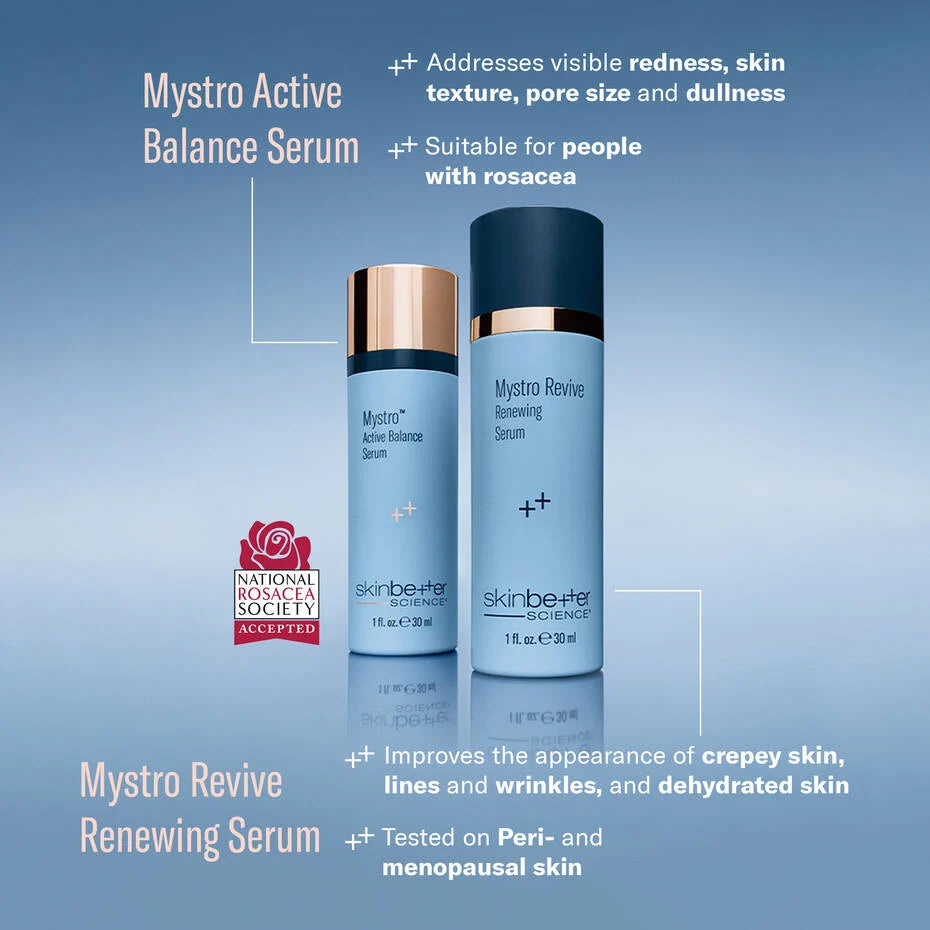 SkinBetter Mystro Active Balance and Revive Renewing Serum comparison showing benefits for redness, wrinkles and skin texture