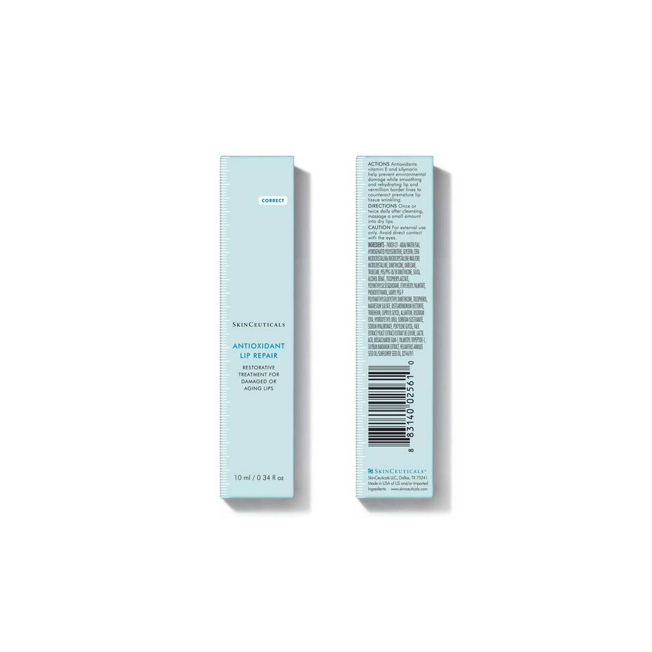 SkinCeuticals Antioxidant Lip Repair product box front and back packaging with barcode and ingredient panel