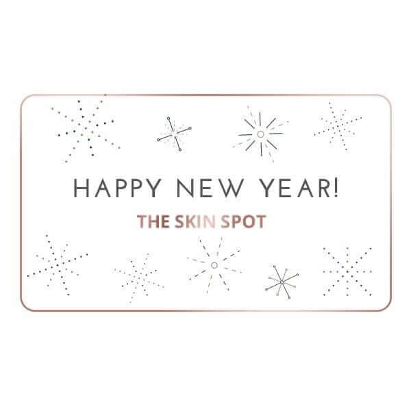 The Skin Spot Happy New Year gift card with starburst design for fresh skincare gifting and beauty shopping celebration 2025