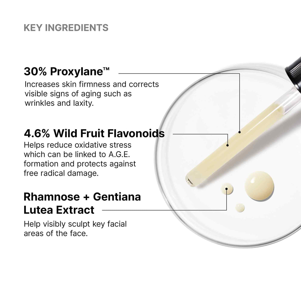 SkinCeuticals A.G.E. Interrupter Ultra Serum key ingredients: 30% Proxylane, 4.6% flavonoids, rhamnose for firmness.