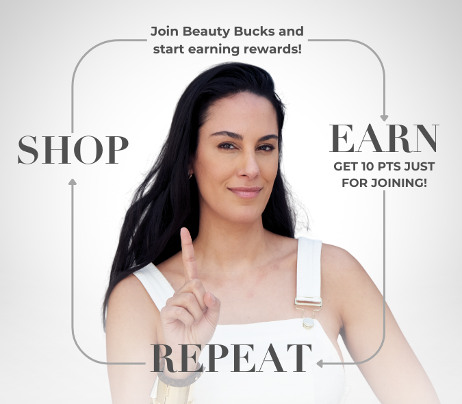 Woman promoting Beauty Bucks rewards program