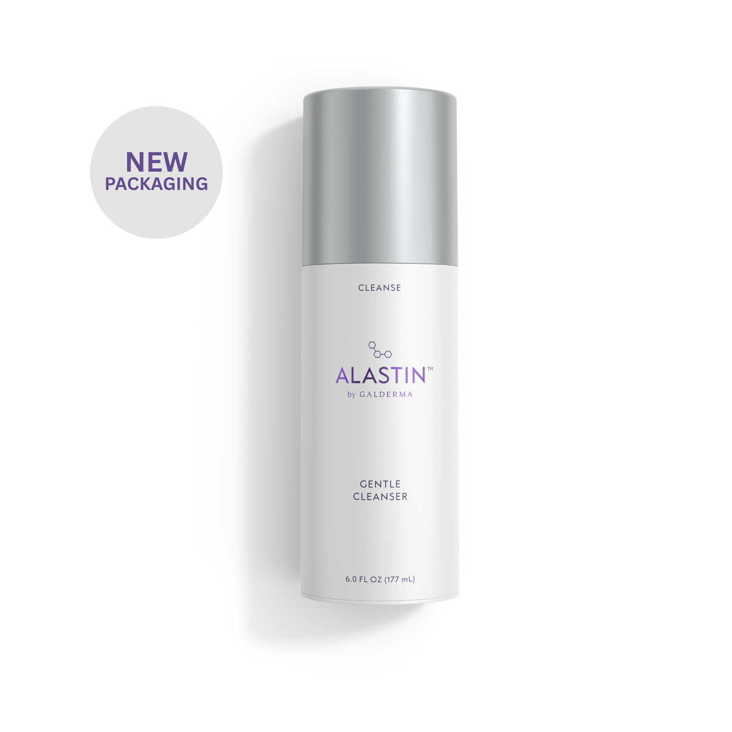 Alastin in California Gentle Cleanser bottle with a silver cap and white body, shown on a white background with a 'NEW PACKAGING' badge.
