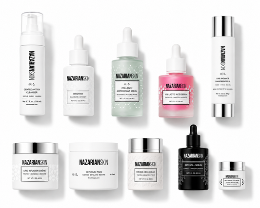 A collection of nine Nazarian Skin skincare products arranged in a clean 3x3 grid on a white background. The products include various toners, serums, creams, and masks in white, clear, pink, and black packaging with silver and black caps.

NazarianSkin Anti-Aging Regimen with retinol, collagen boosters, brightening serum, cleanser, and sunscreen