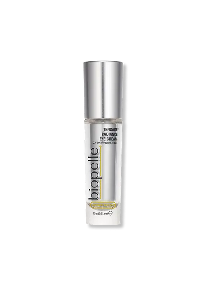 Tensage Radiance Eye Cream bottle with SCA Biorepair growth factors and peptides for dark circles, puffiness and fine lines.