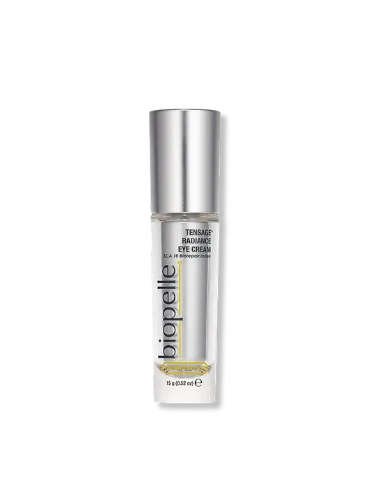 Tensage Radiance Eye Cream bottle with SCA Biorepair growth factors and peptides for dark circles, puffiness and fine lines.