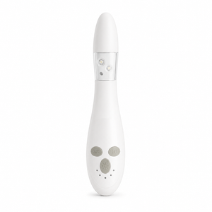 A white personal massager with a sleek, curved handle, featuring gray control buttons and a clear light-up ring on a solid white background.