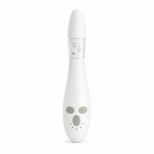 A white personal massager with a sleek, curved handle, featuring gray control buttons and a clear light-up ring on a solid white background.