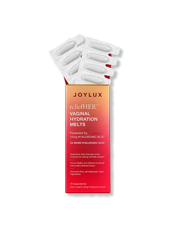 Joylux reliefHER vaginal hydration melts 10-pack box, hormone-free hyaluronic acid melts for dryness