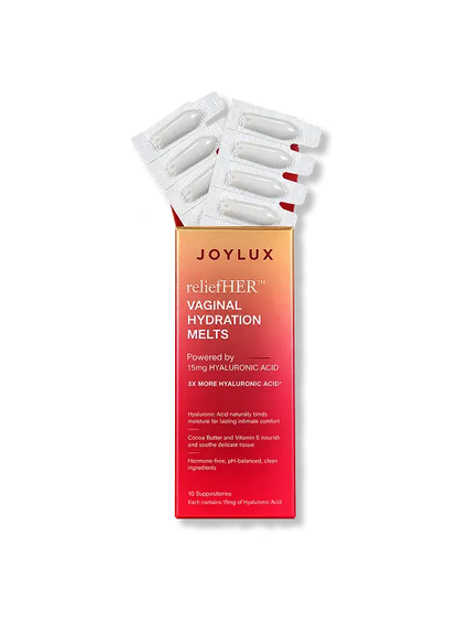 Joylux reliefHER vaginal hydration melts 10-pack box, hormone-free hyaluronic acid melts for dryness