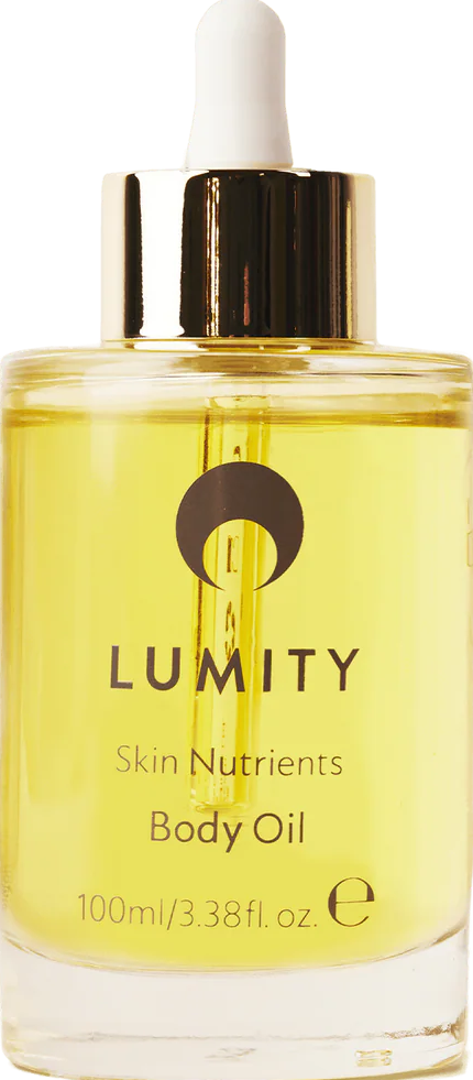 Lumity body oil bottle on a white background