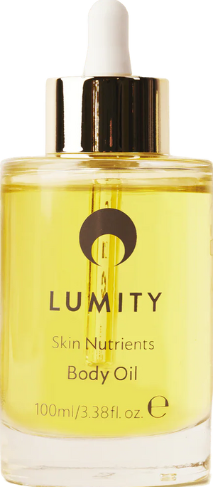 Lumity body oil bottle on a white background