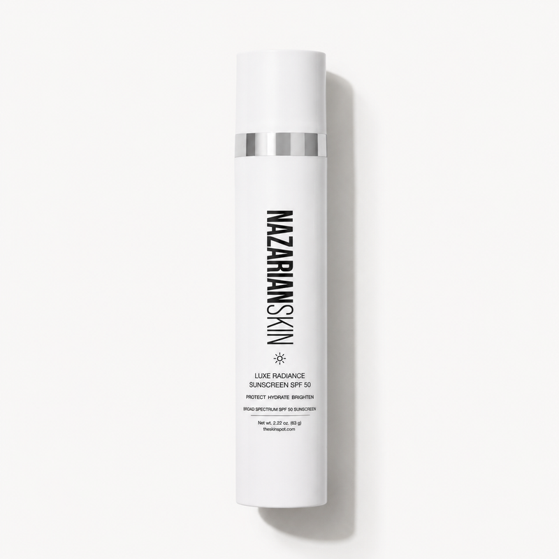 Skincare bottle with 'Nazarian Skin' branding on a white background