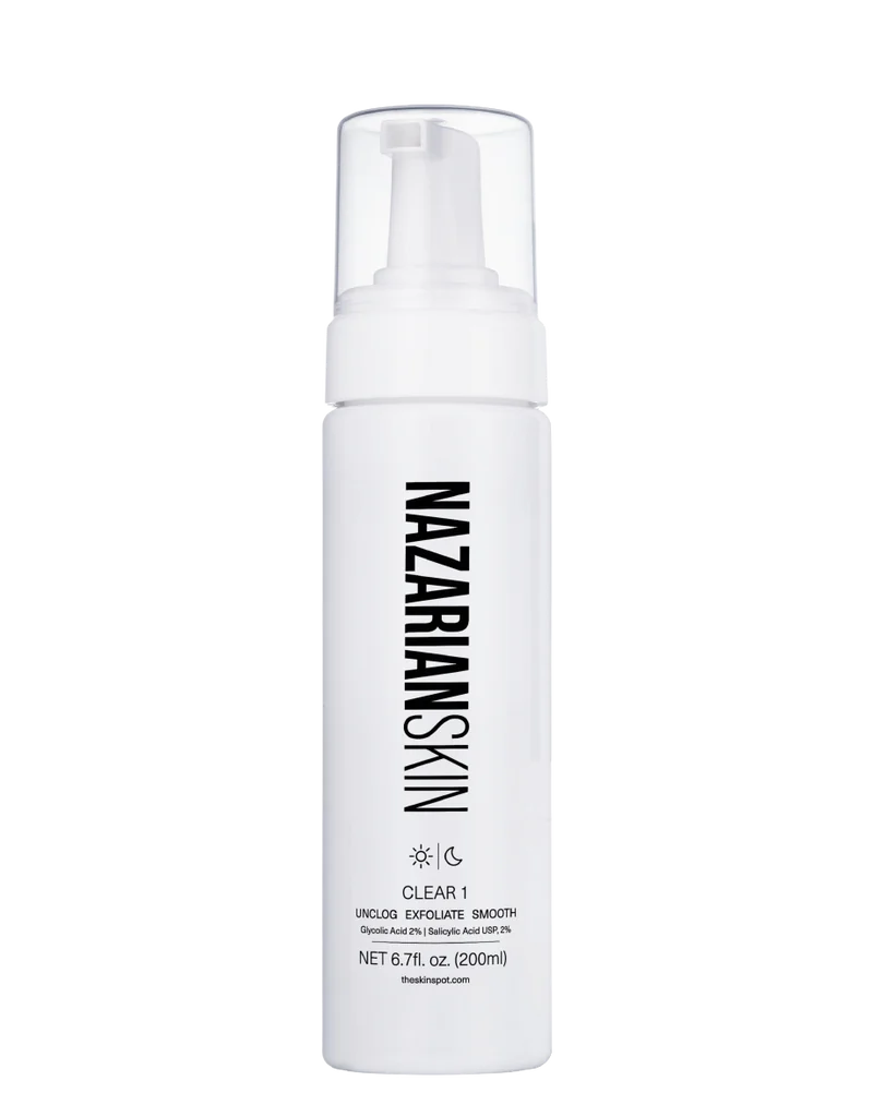 Nazarian Skin Clear 1 serum bottle with glycolic and salicylic acid for acne treatment and skin exfoliation