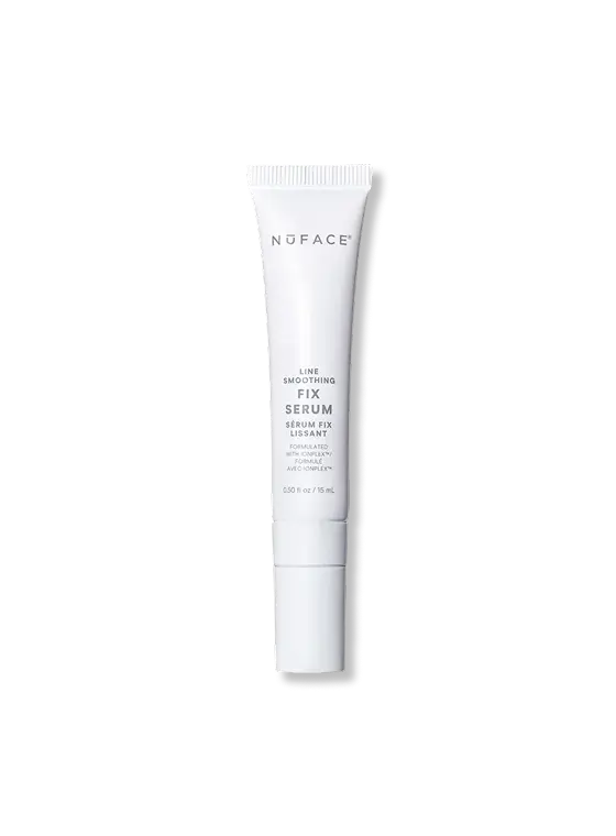 NuFACE FIX Serum white tube with IonPlex, hyaluronic acid, and peptides for smoothing expression lines and brightening skin.