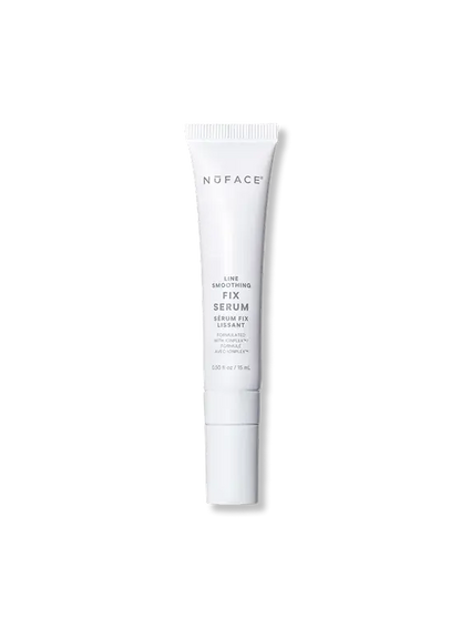 NuFACE FIX Serum white tube with IonPlex, hyaluronic acid, and peptides for smoothing expression lines and brightening skin.