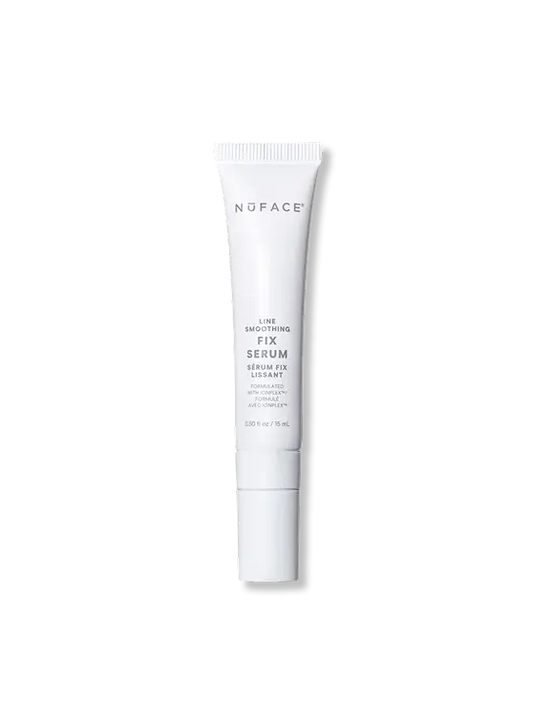 NuFACE FIX Serum white tube with IonPlex, hyaluronic acid, and peptides for smoothing expression lines and brightening skin.