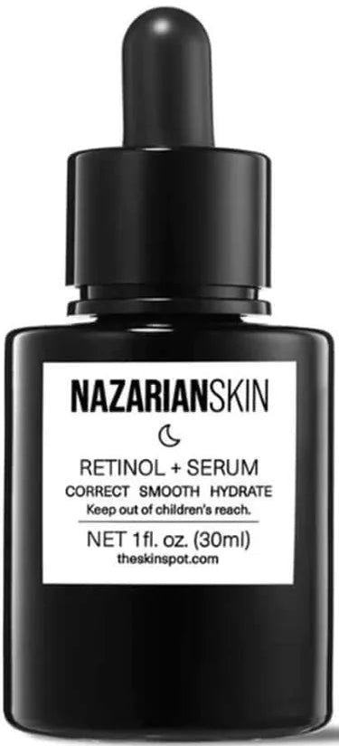 Black skincare serum bottle with dropper labeled 'Nazarian Skin' on a white background