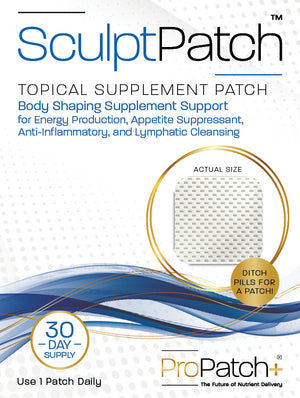 SculptPatch topical supplement patch packaging with branding and product description.