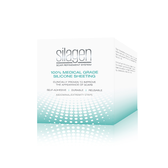 Silagen Scar Refinement System packaging for Abdominal/Extremity Strips, featuring 100% medical-grade silicone sheeting that is self-adhesive, durable, and reusable for improving scar appearance.