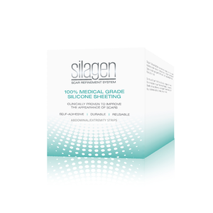 Silagen Scar Refinement System packaging for Abdominal/Extremity Strips, featuring 100% medical-grade silicone sheeting that is self-adhesive, durable, and reusable for improving scar appearance.