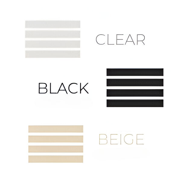 Color swatches labeled 'Clear', 'Black', and 'Beige' on a white background.