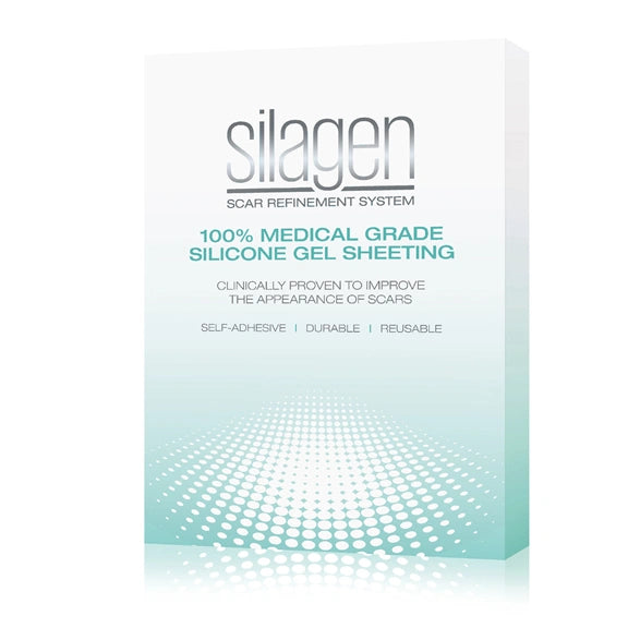Silagen Silicone Clear Strips packaging showing 100% medical-grade silicone gel sheeting that is self-adhesive, durable, and reusable for scar treatment.