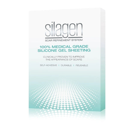 Silagen Silicone Clear Strips packaging showing 100% medical-grade silicone gel sheeting that is self-adhesive, durable, and reusable for scar treatment.