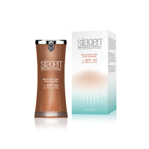 Silagen silicone gel for scars with SPF 30 and UV protection, including a packaging box on a white background.