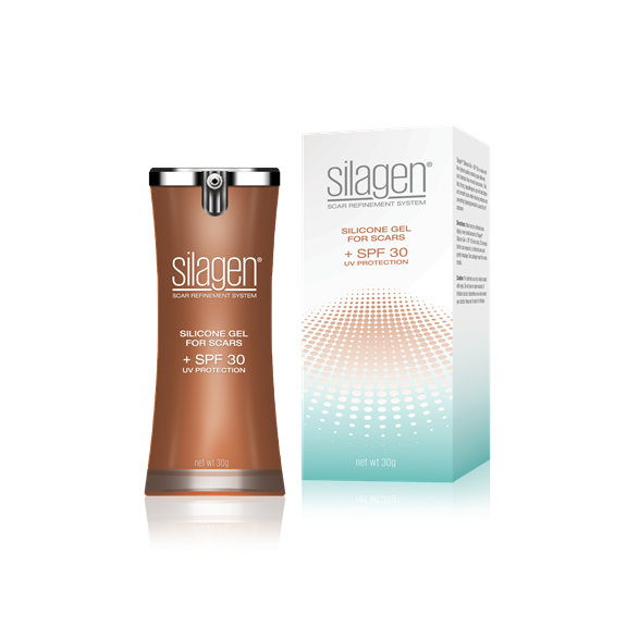 Silagen silicone gel for scars with SPF 30 and UV protection, including a packaging box on a white background.