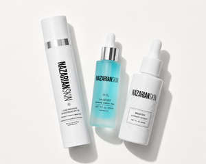 Three Nazarian Skin skincare products on a white background