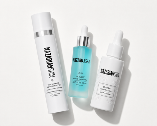 Three Nazarian Skin skincare products on a white background