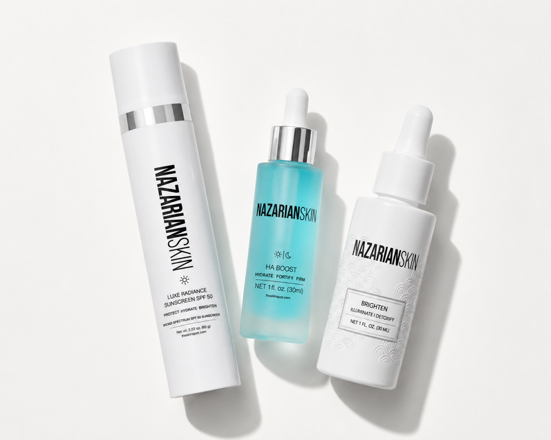 Three Nazarian Skin skincare products on a white background