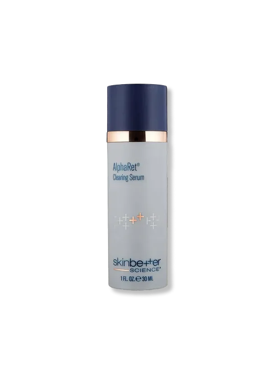 SkinBetter AlphaRet Clearing Serum with texture and award badge highlighting acne treatment for clearer skin and refined pores