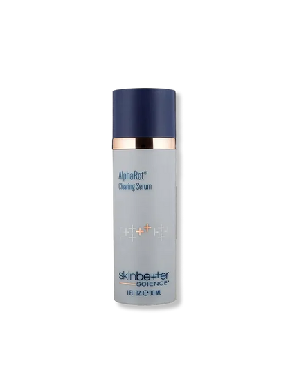 SkinBetter AlphaRet Clearing Serum with texture and award badge highlighting acne treatment for clearer skin and refined pores