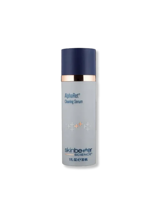 SkinBetter AlphaRet Clearing Serum with texture and award badge highlighting acne treatment for clearer skin and refined pores