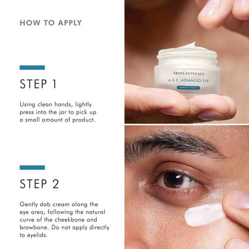 Step-by-Step Application Instructions for SkinCeuticals A.G.E. Advanced Eye Cream with Hand and Under Eye Application Images