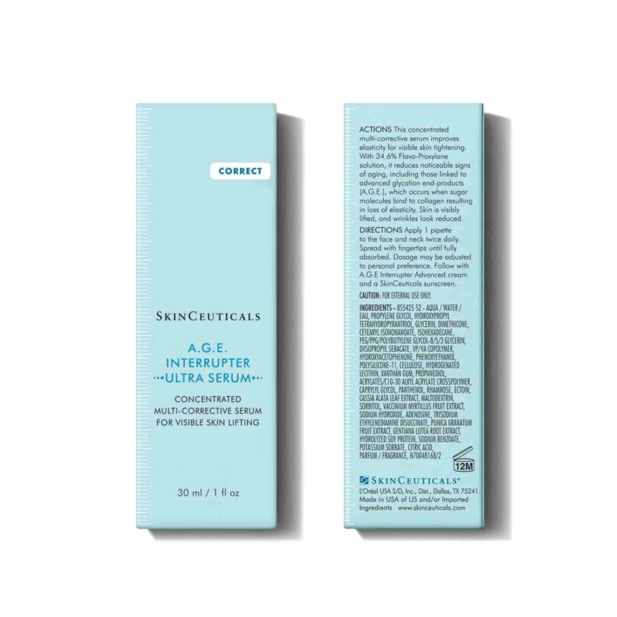 Ingredients of SkinCeuticals A.G.E. Interrupter Ultra Serum with 34.6% Flavo-Proxylane helps fight glycation and lift skin.