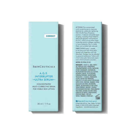 Ingredients of SkinCeuticals A.G.E. Interrupter Ultra Serum with 34.6% Flavo-Proxylane helps fight glycation and lift skin.