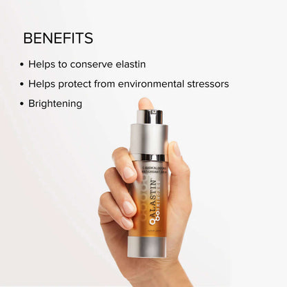 alastin c-radical defense antioxidant serum in hand showing brightening benefits and protection against environmental stressors