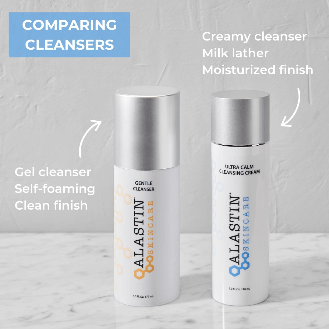 alastin gentle cleanser vs ultra calm cleansing cream comparison showing gel vs creamy cleanser texture and finish