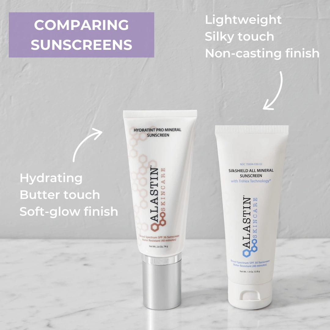 alastin tinted sunscreen vs silkshield mineral sunscreen comparison showing soft glow finish vs lightweight non casting texture