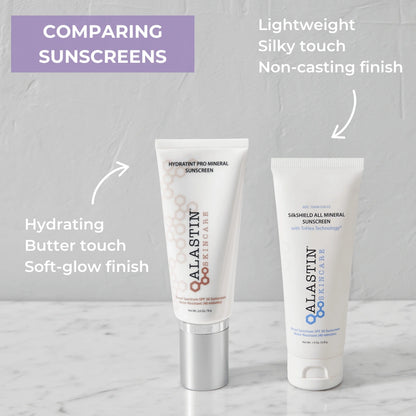 alastin tinted sunscreen vs silkshield mineral sunscreen comparison showing soft glow finish vs lightweight non casting texture