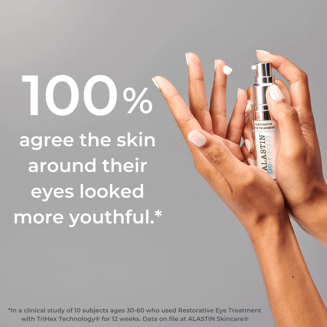 ALASTIN Restorative Eye Treatment used on fingertip with clinical claim for more youthful-looking skin around the eyes area.
