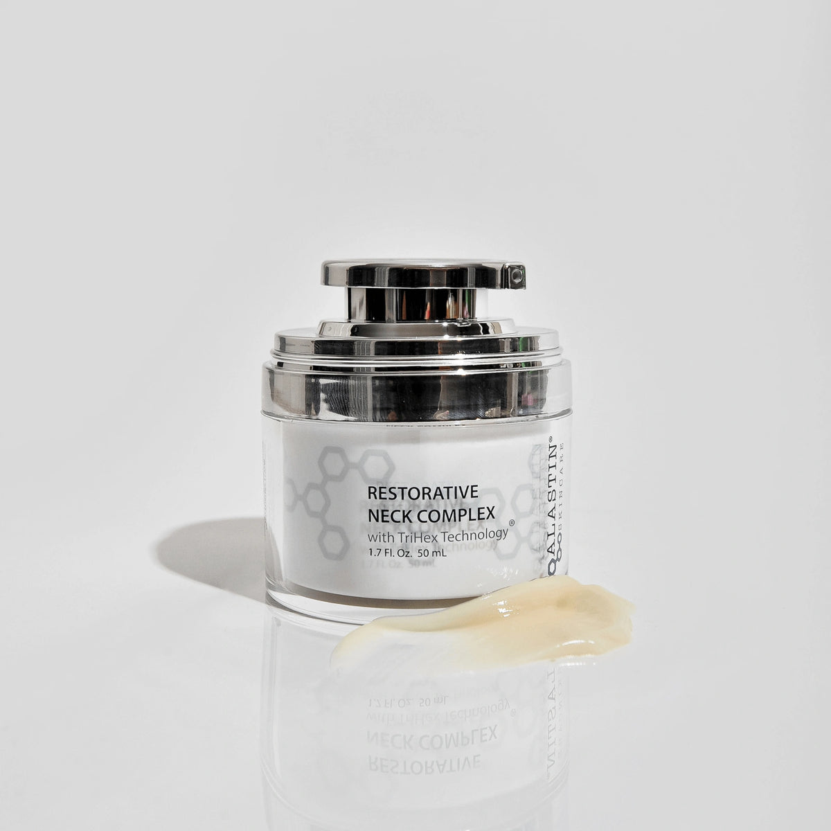 Alastin Restorative Neck Complex with TriHex Technology cream jar with texture swatch for neck firming cream use