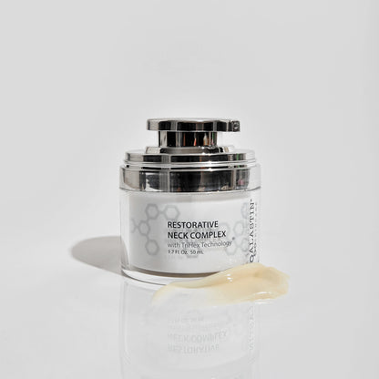 Alastin Restorative Neck Complex with TriHex Technology cream jar with texture swatch for neck firming cream use