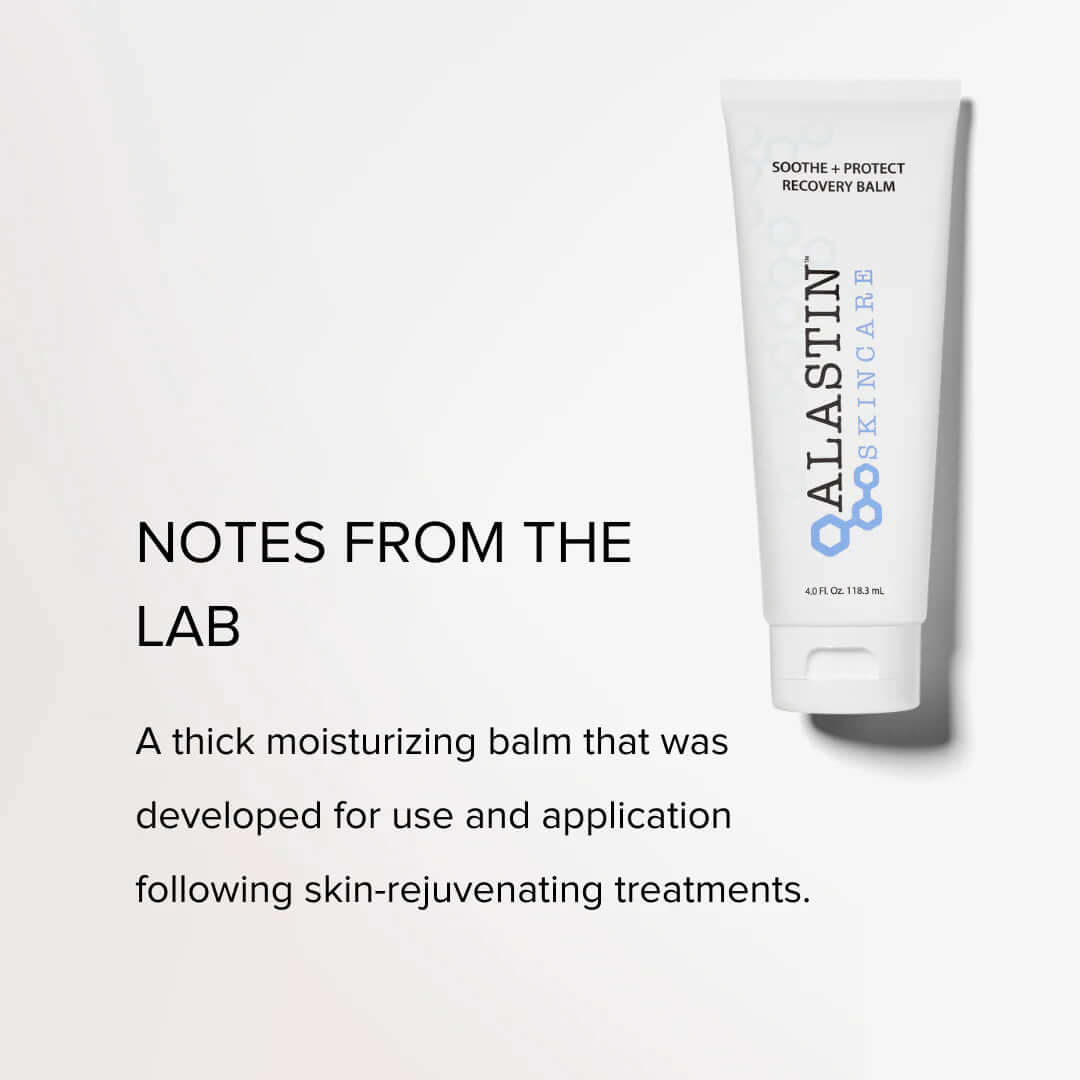 Alastin Soothe Protect Recovery Balm infographic explaining post procedure skincare benefits and soothing formula for skin