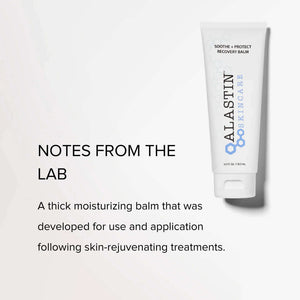 Alastin Soothe Protect Recovery Balm infographic explaining post procedure skincare benefits and soothing formula for skin