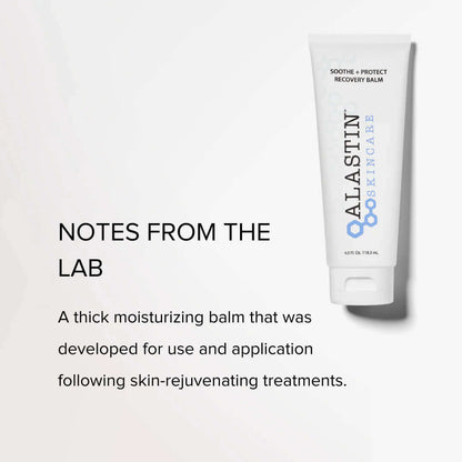 Alastin Soothe Protect Recovery Balm infographic explaining post procedure skincare benefits and soothing formula for skin