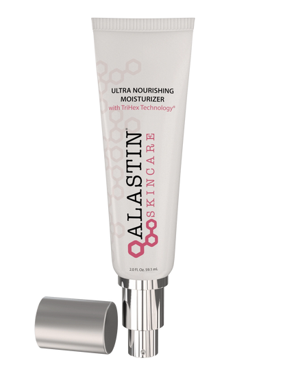 Alastin Skincare Ultra Nourishing Moisturizer with cap removed showing packaging detail and TriHex Technology cream for skin